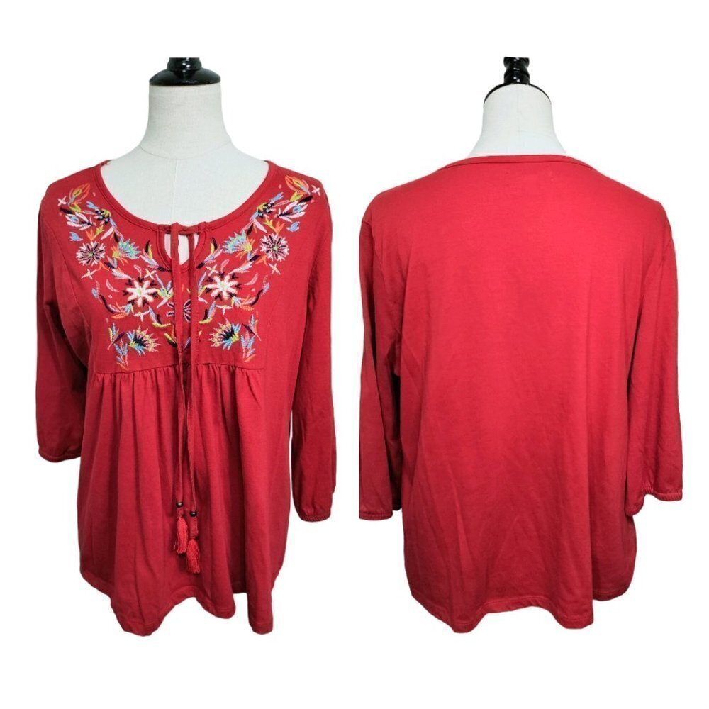 (#495) Rebecca Malone Red Embroidered 3/4 Sleeve Top Size XL
